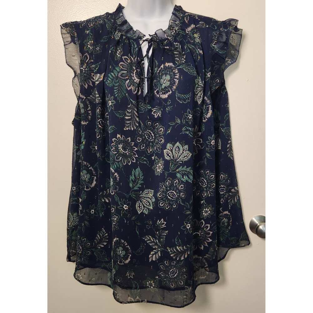 Lane Bryant Womens Blue Floral Chiffon Blouse Tunic 22/24 Flutter Sleeve Sparkle
